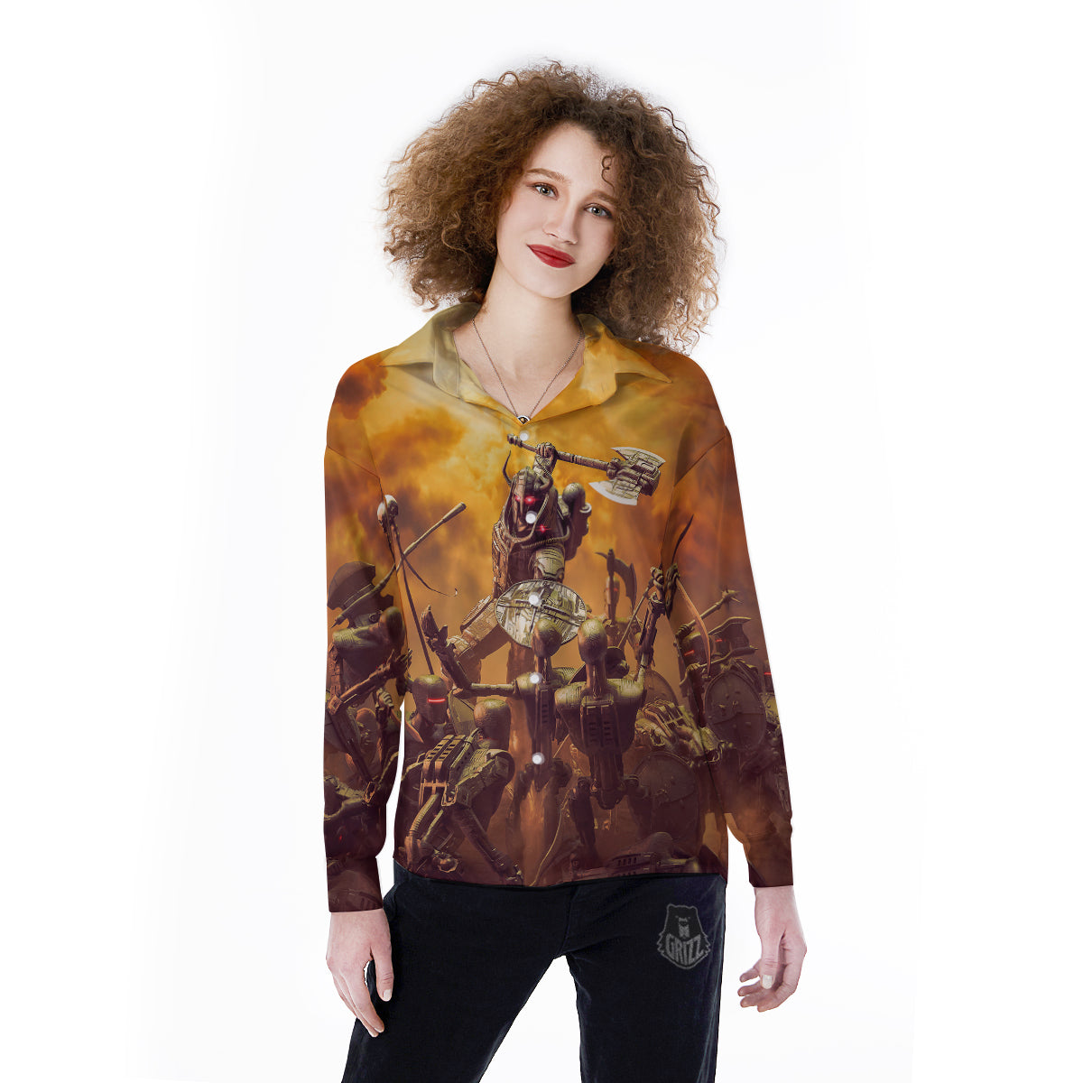 Warrior Viking Machine Print Women's Long Sleeve Shirts-grizzshop