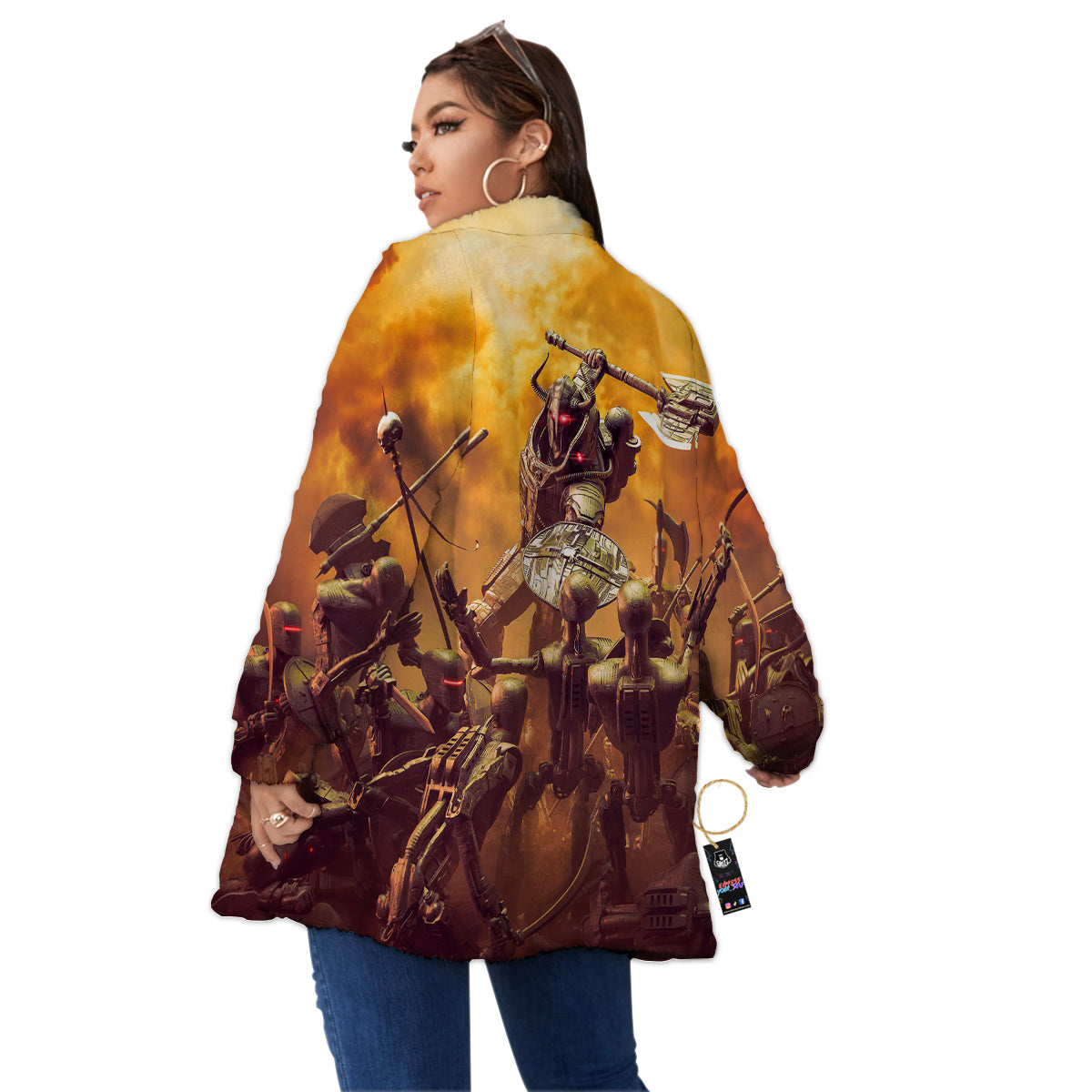 Warrior Viking Machine Print Women's Sherpa Jacket-grizzshop