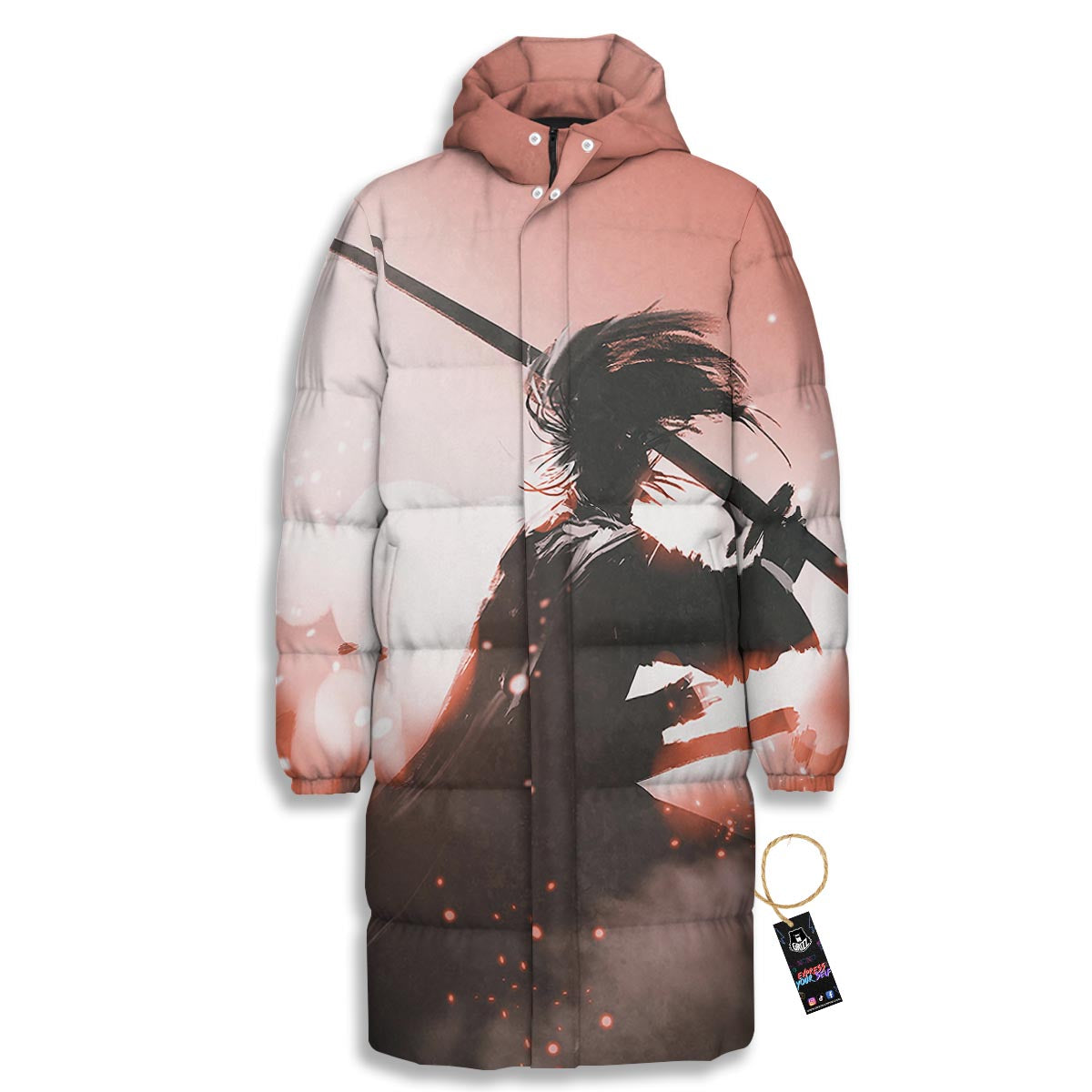 Warrior Sunset Samurai Print Long Down Jacket