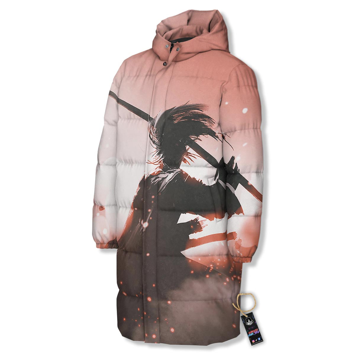Warrior Sunset Samurai Print Long Down Jacket