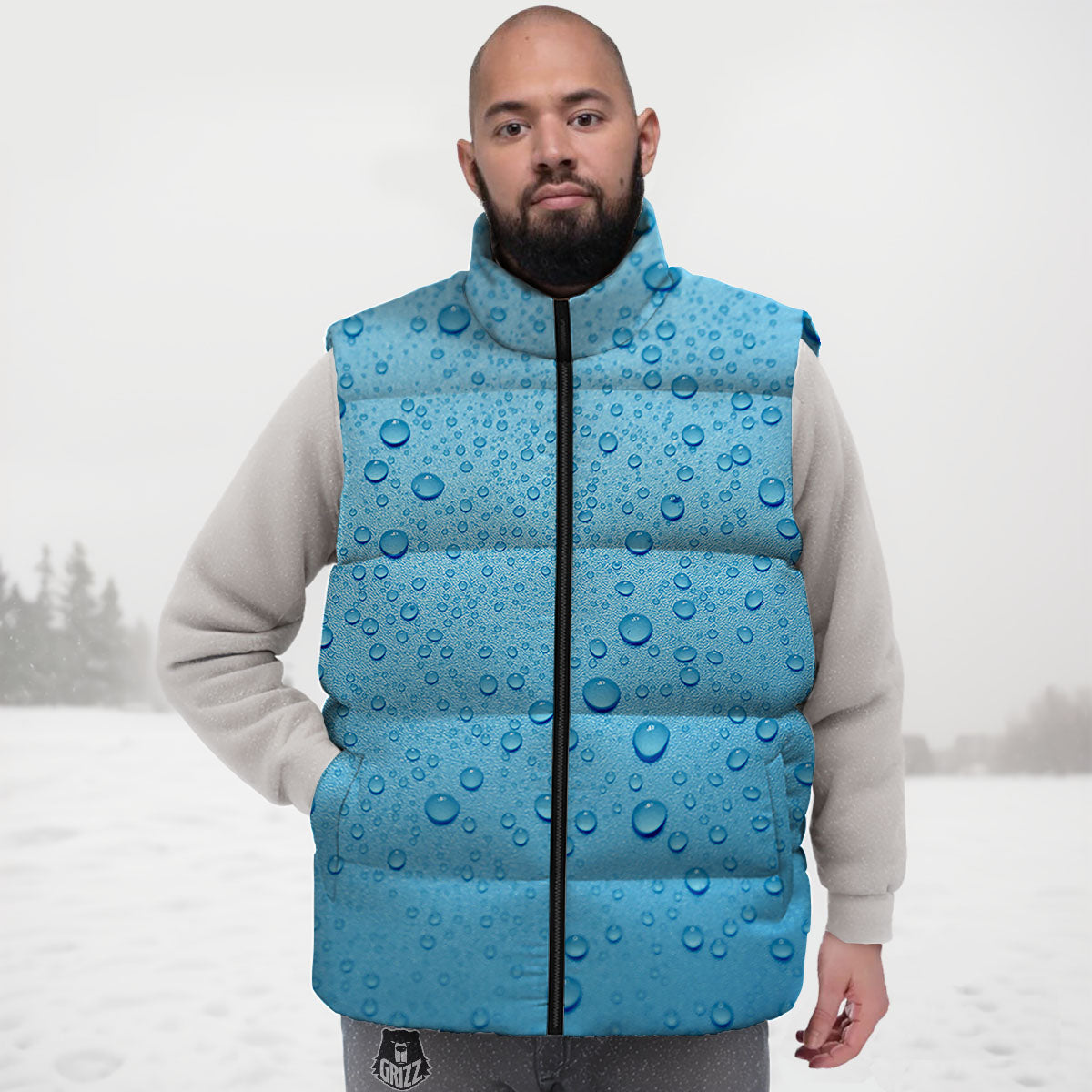 Water Drops Print Down Vest-grizzshop