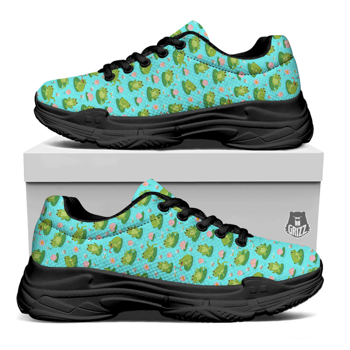 Water Lilies And Frogs Print Pattern Black Chunky Shoes-grizzshop