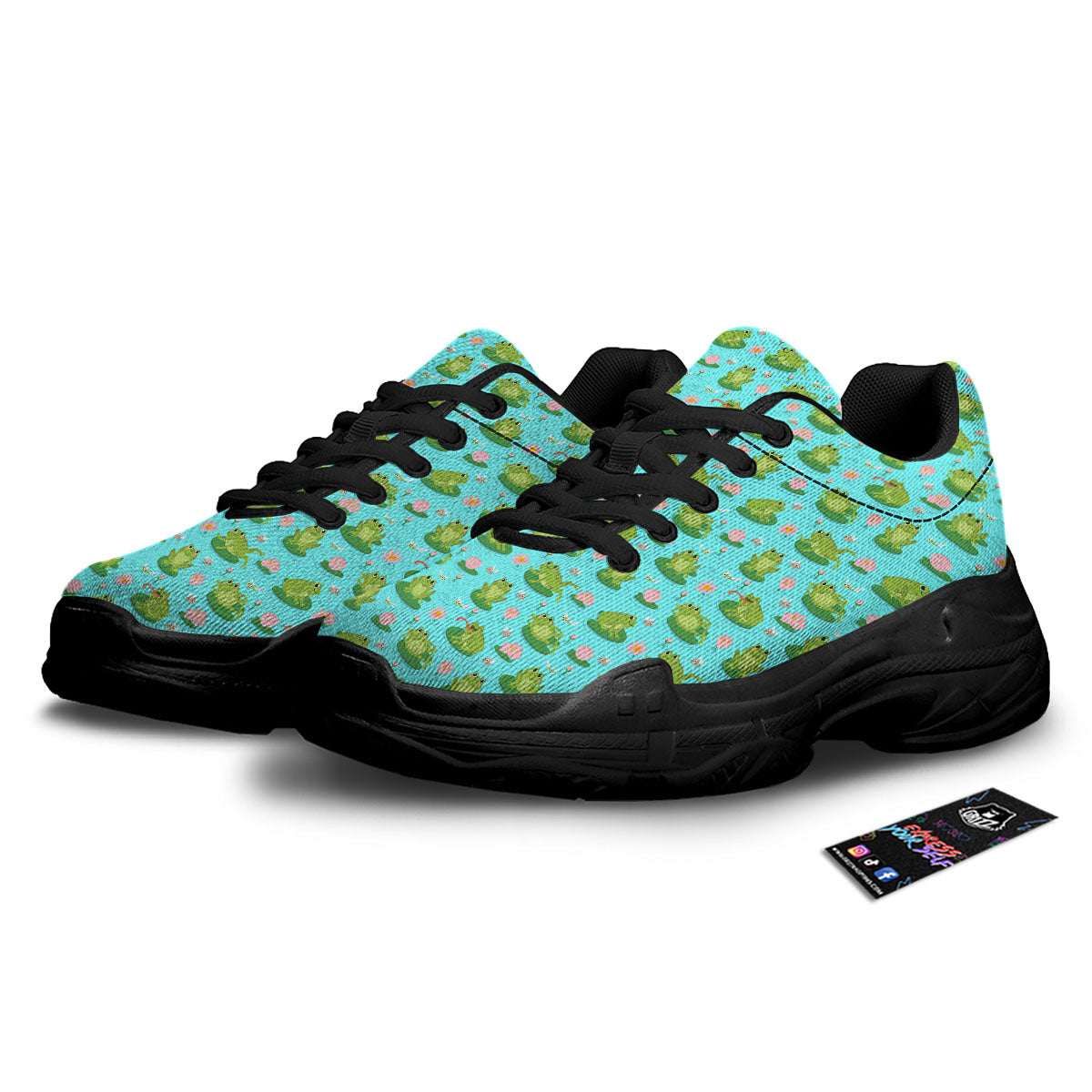 Water Lilies And Frogs Print Pattern Black Chunky Shoes-grizzshop
