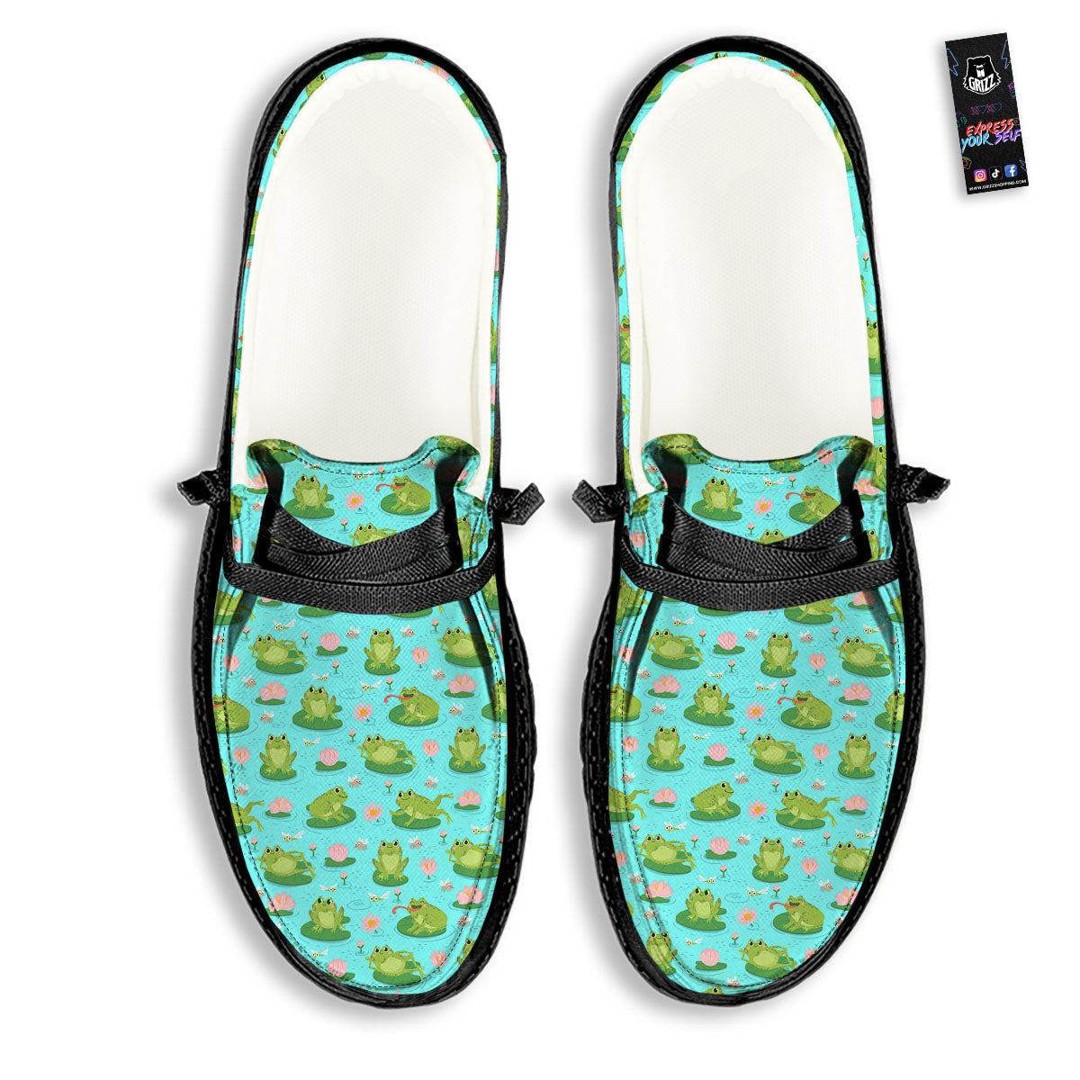 Water Lilies And Frogs Print Pattern Black Loafers-grizzshop
