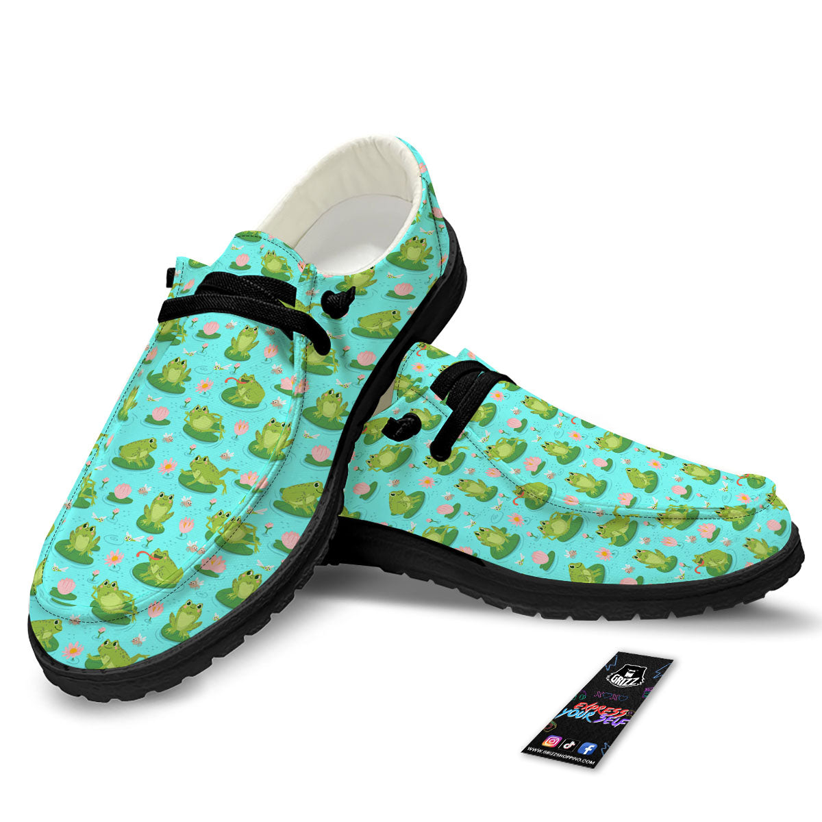 Water Lilies And Frogs Print Pattern Black Loafers-grizzshop