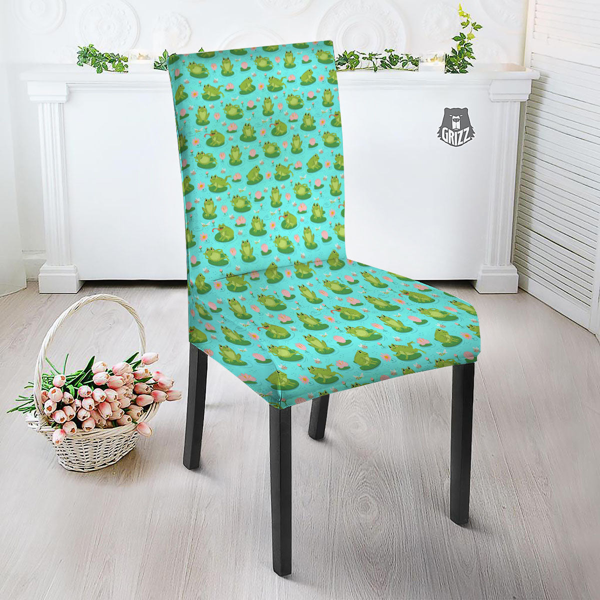 Water Lilies And Frogs Print Pattern Dining Chair Slipcover-grizzshop