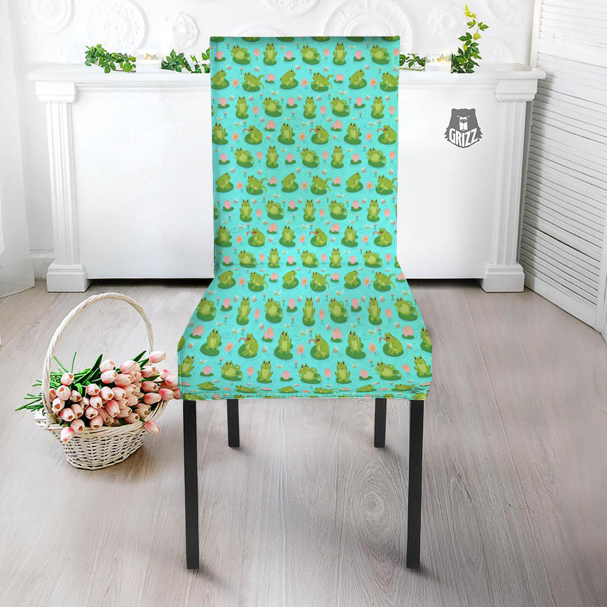 Water Lilies And Frogs Print Pattern Dining Chair Slipcover-grizzshop