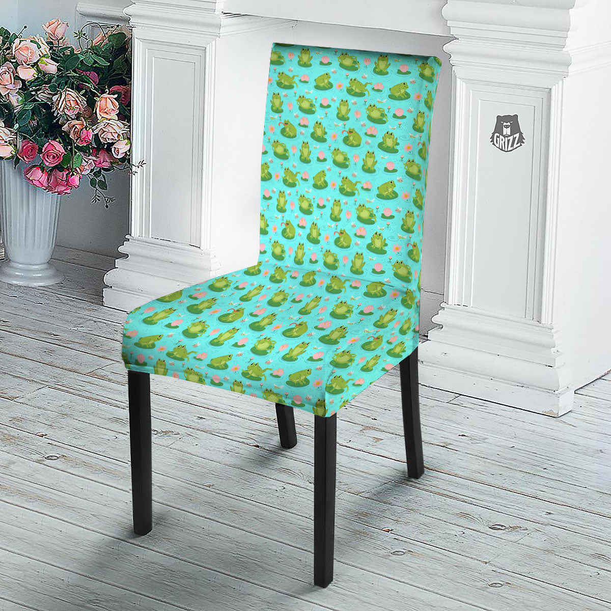 Water Lilies And Frogs Print Pattern Dining Chair Slipcover-grizzshop