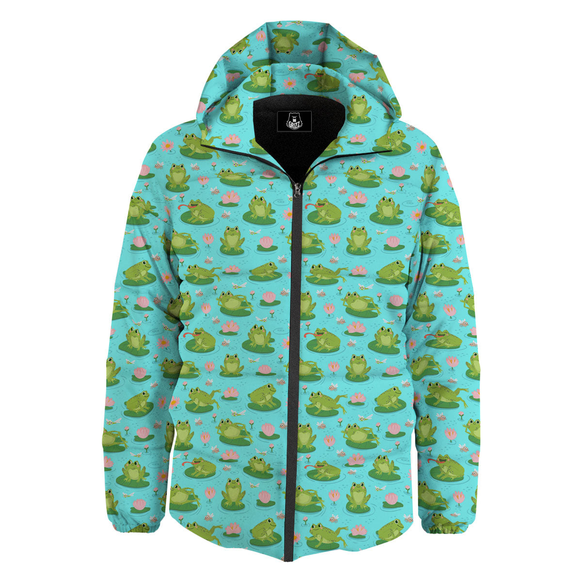 Water Lilies And Frogs Print Pattern Down Jacket-grizzshop