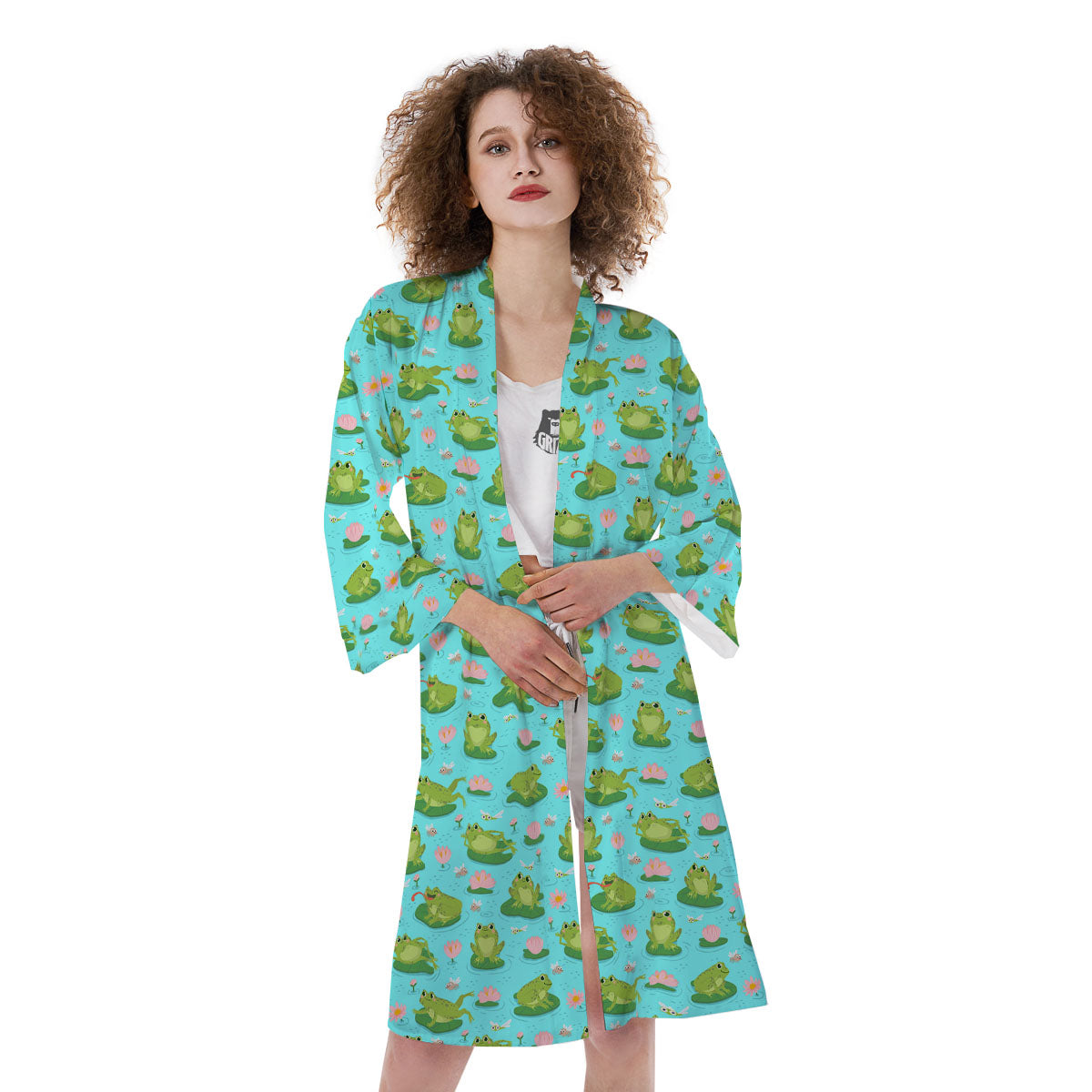 Water Lilies And Frogs Print Pattern Kimono-grizzshop