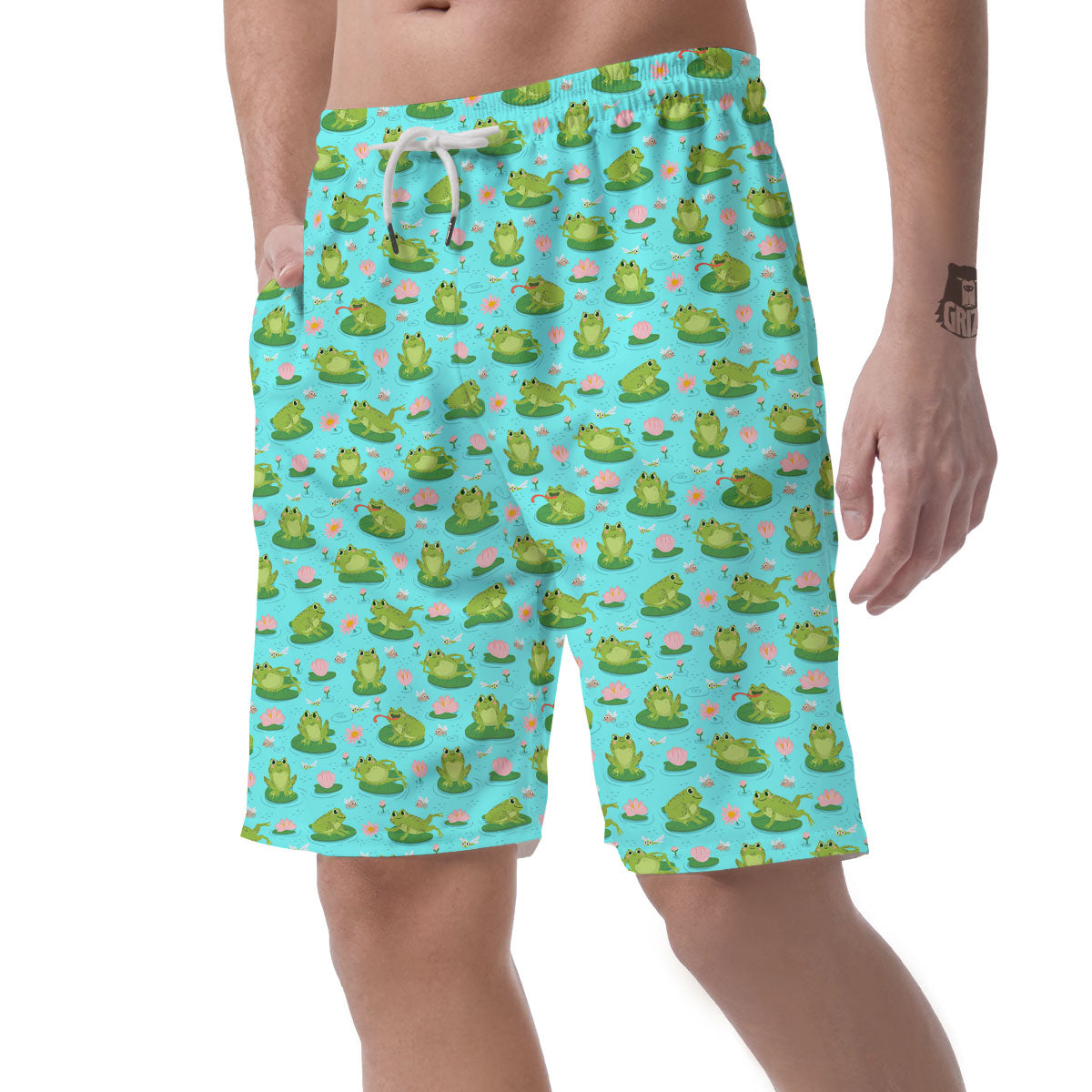Water Lilies And Frogs Print Pattern Men's Shorts-grizzshop