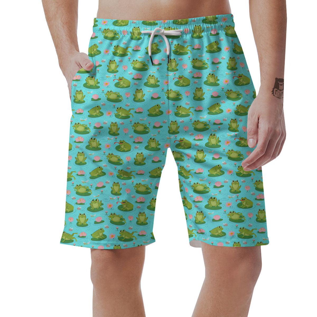 Water Lilies And Frogs Print Pattern Men's Shorts-grizzshop