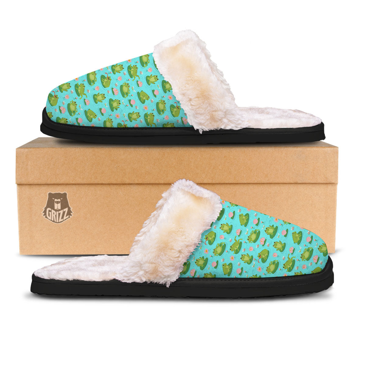 Water Lilies And Frogs Print Pattern Slippers-grizzshop
