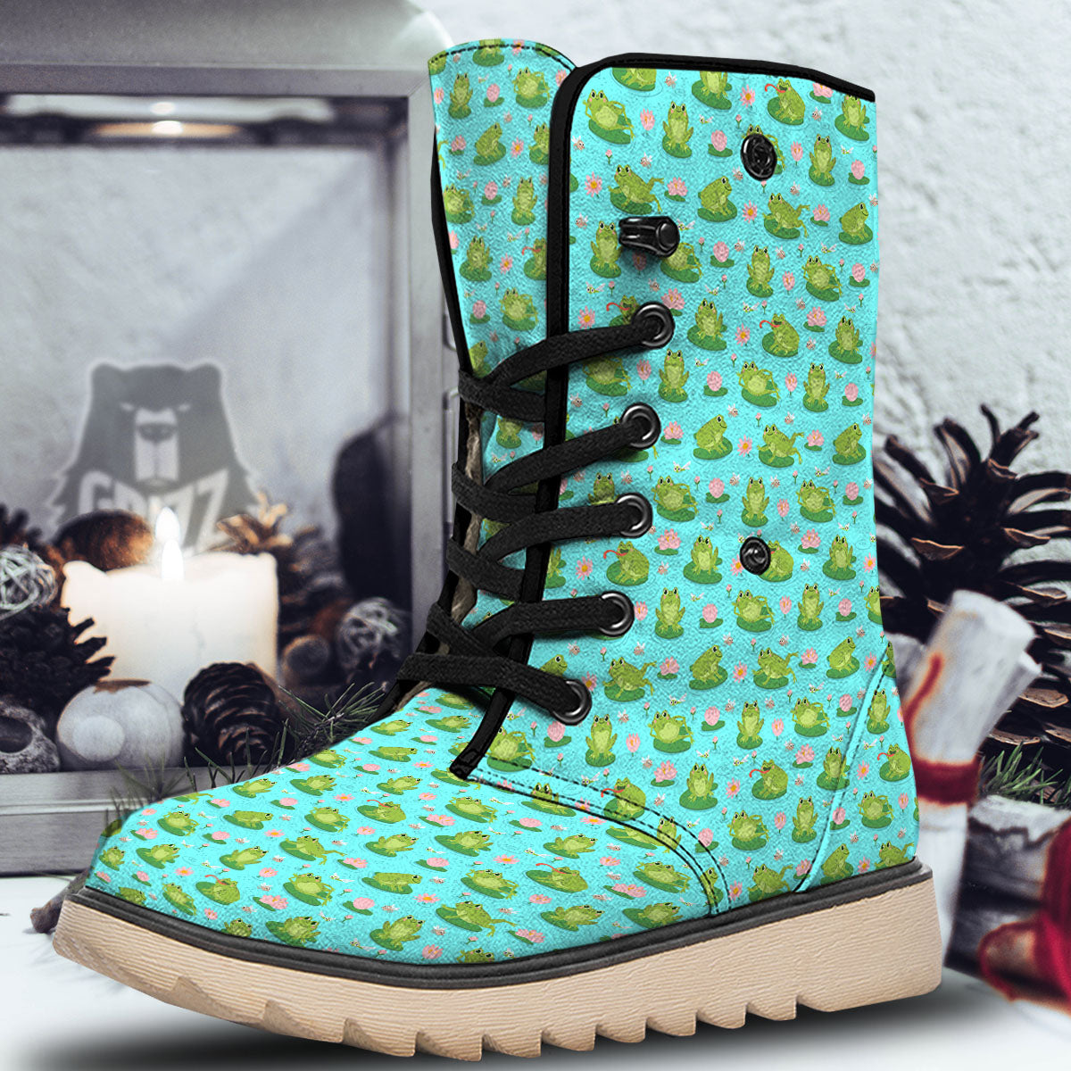 Water Lilies And Frogs Print Pattern Snow Boots-grizzshop