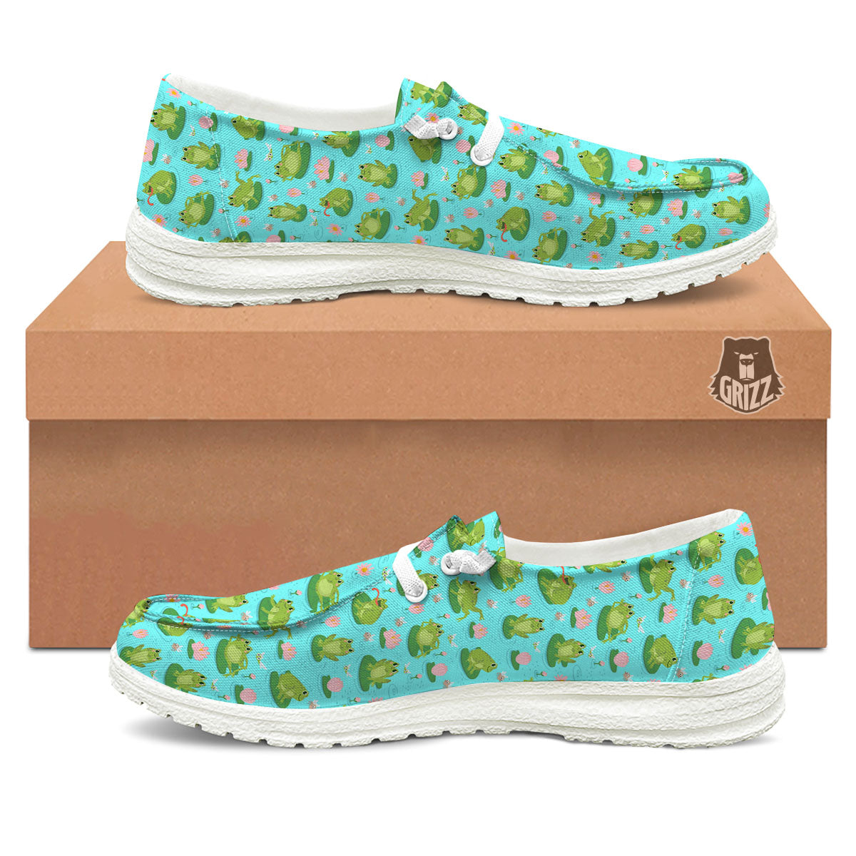 Water Lilies And Frogs Print Pattern White Loafers-grizzshop