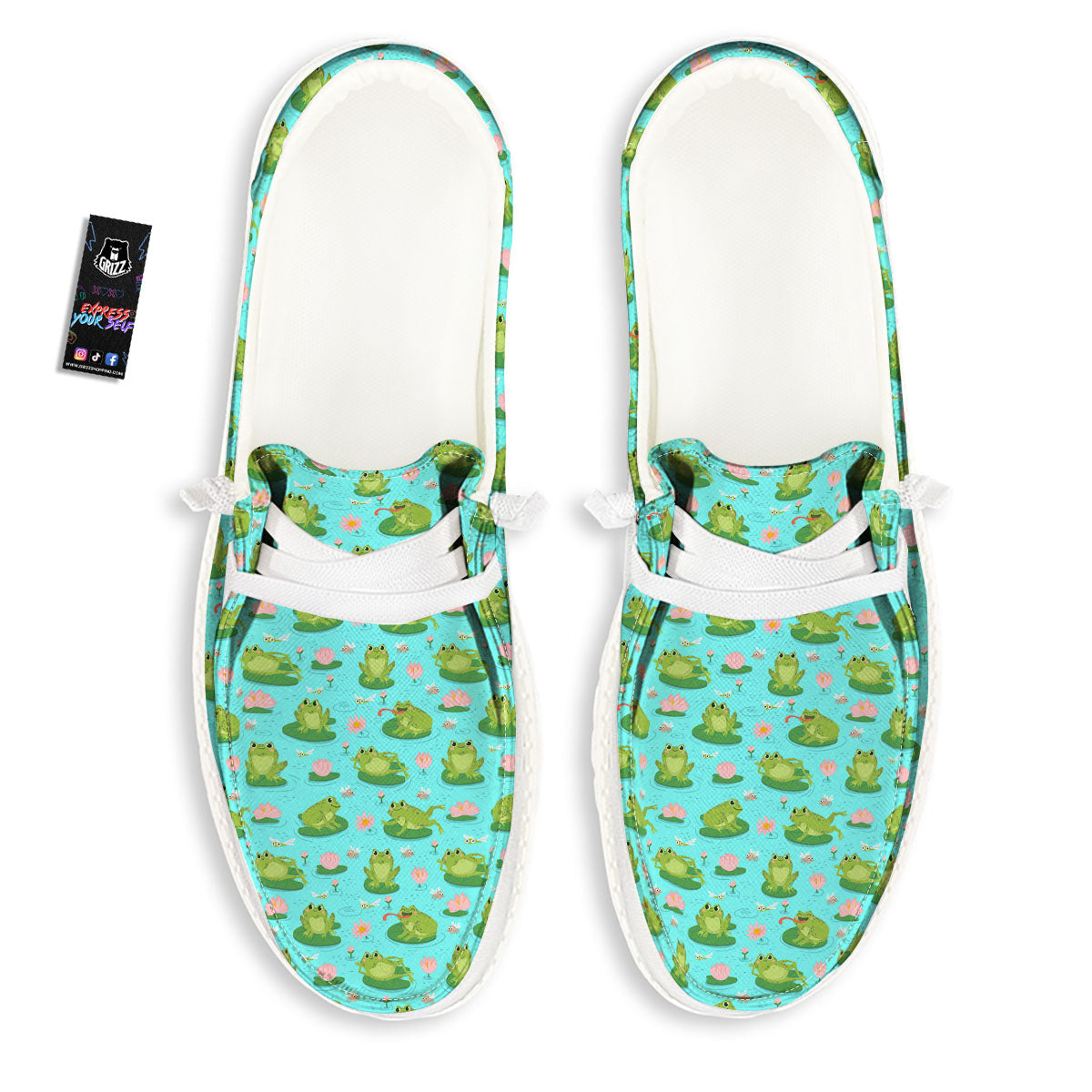 Water Lilies And Frogs Print Pattern White Loafers-grizzshop
