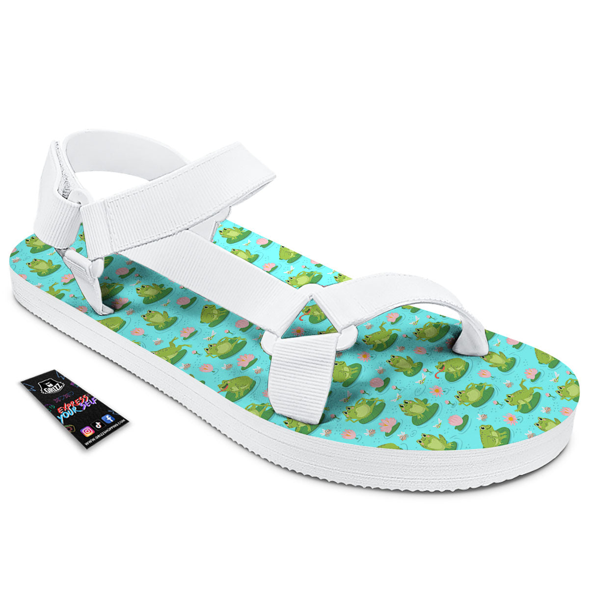 Water Lilies And Frogs Print Pattern White Open Toe Sandals-grizzshop