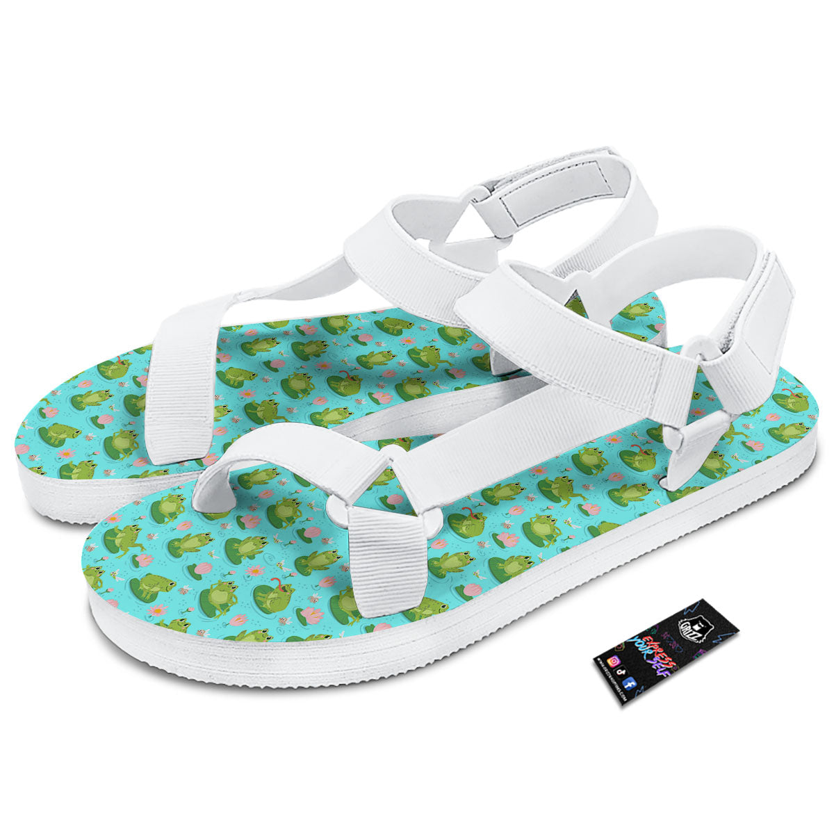 Water Lilies And Frogs Print Pattern White Open Toe Sandals-grizzshop