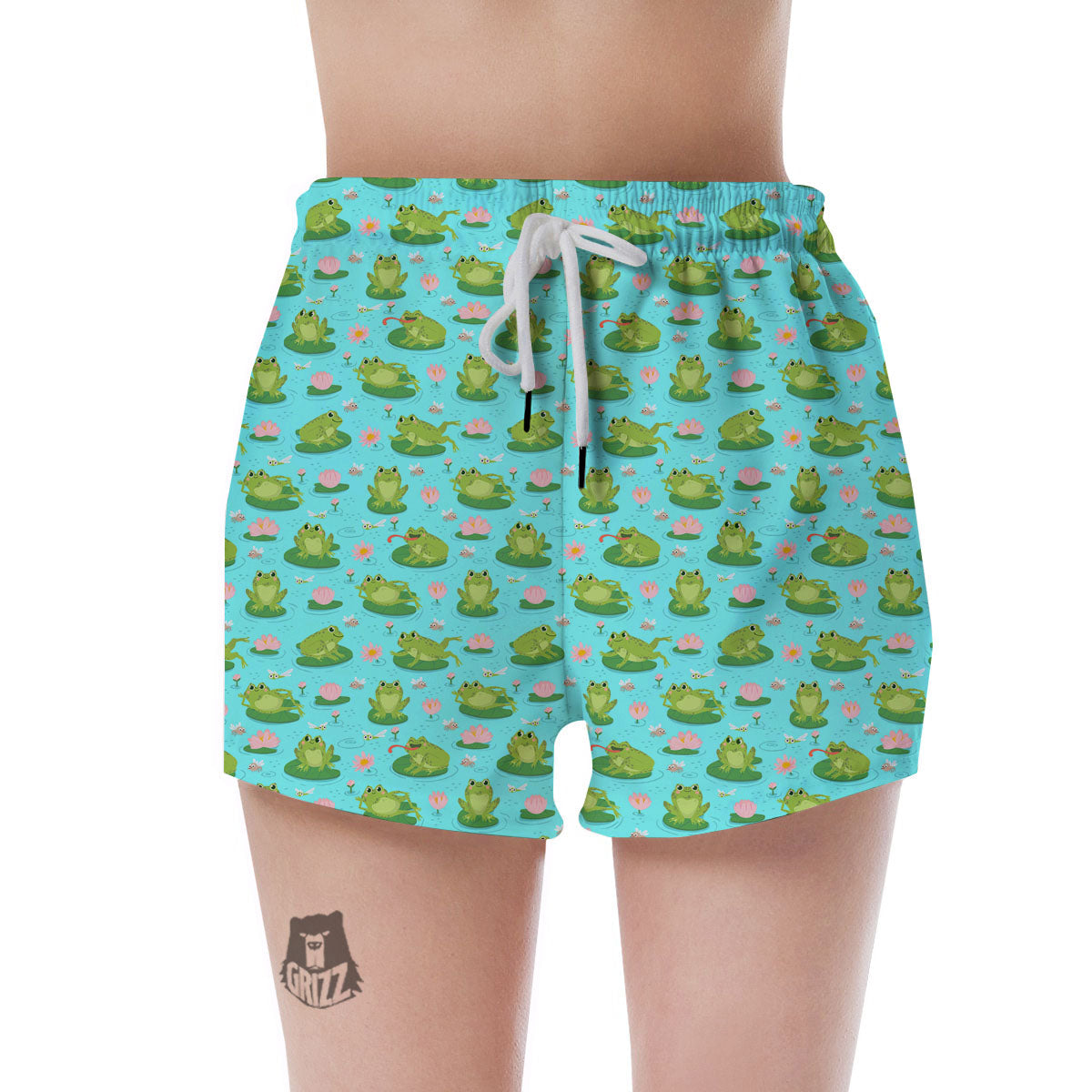 Water Lilies And Frogs Print Pattern Women's Shorts-grizzshop
