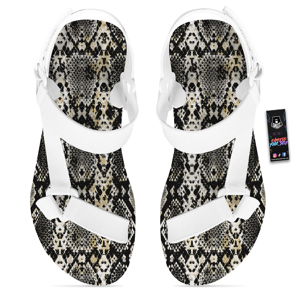 Watercolor Abstract Snake Animal Skin Print White Open Toe Sandals-grizzshop