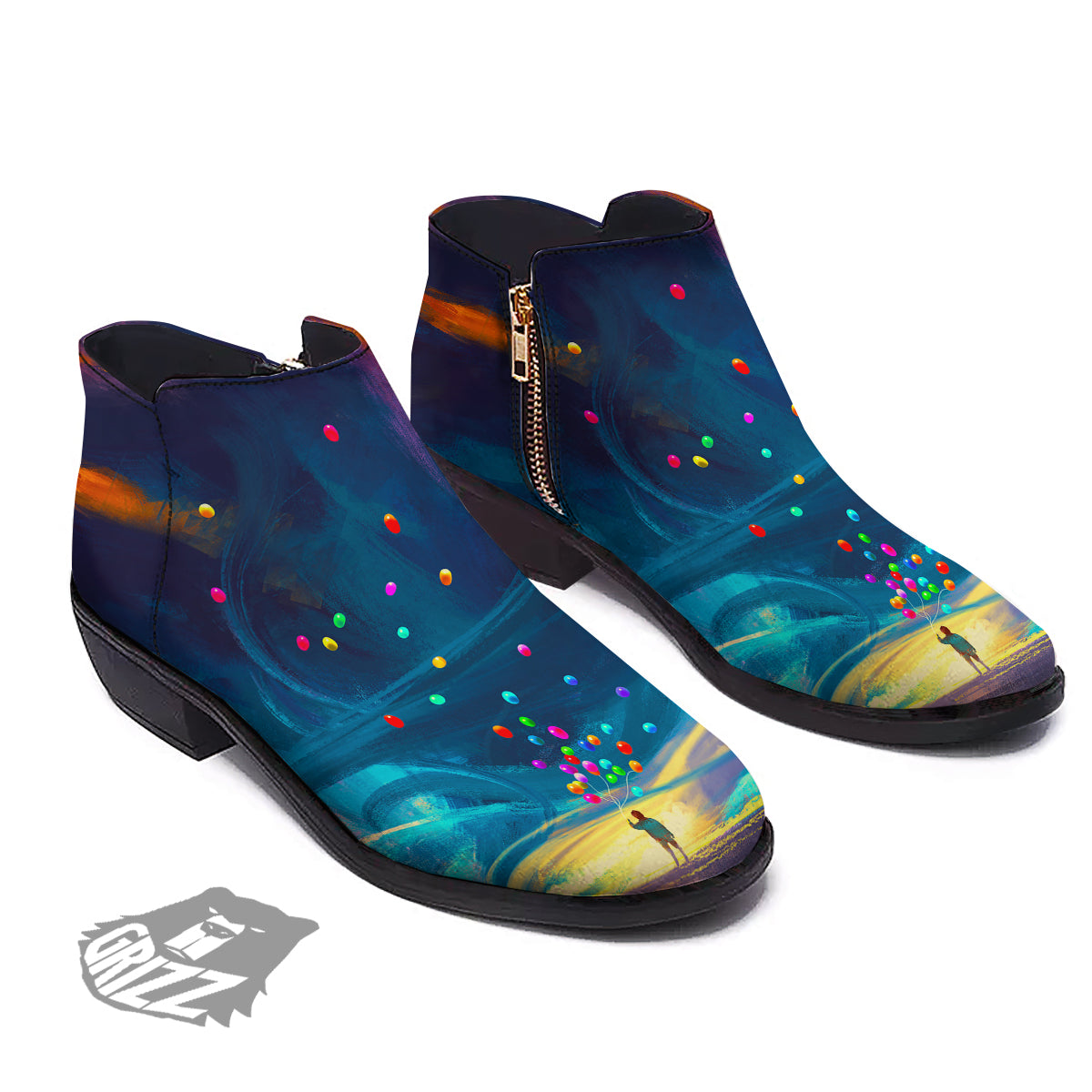 Watercolor Balloons And Storm Print Ankle Boots-grizzshop