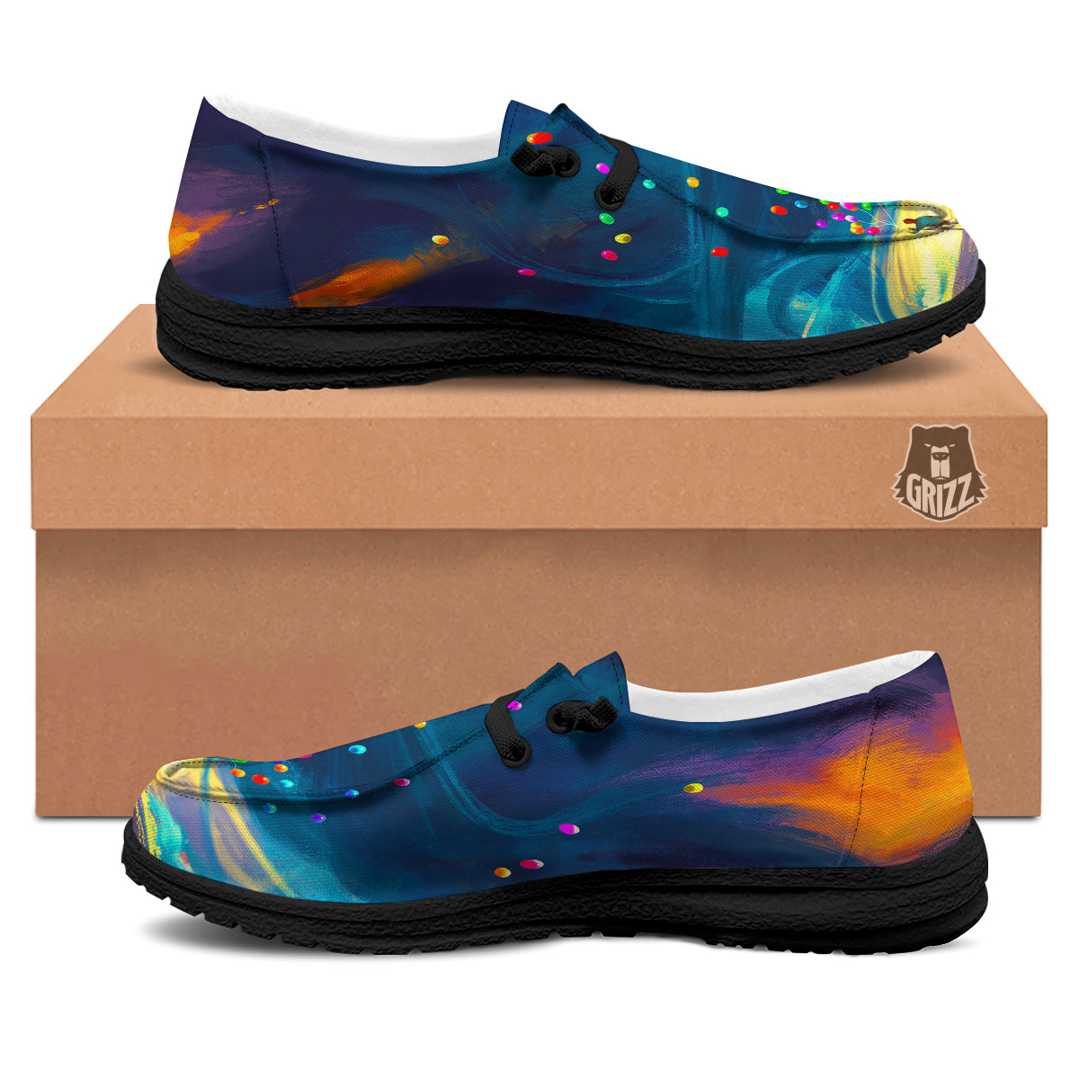 Watercolor Balloons And Storm Print Black Loafers-grizzshop