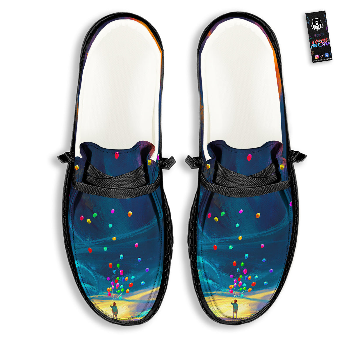 Watercolor Balloons And Storm Print Black Loafers-grizzshop