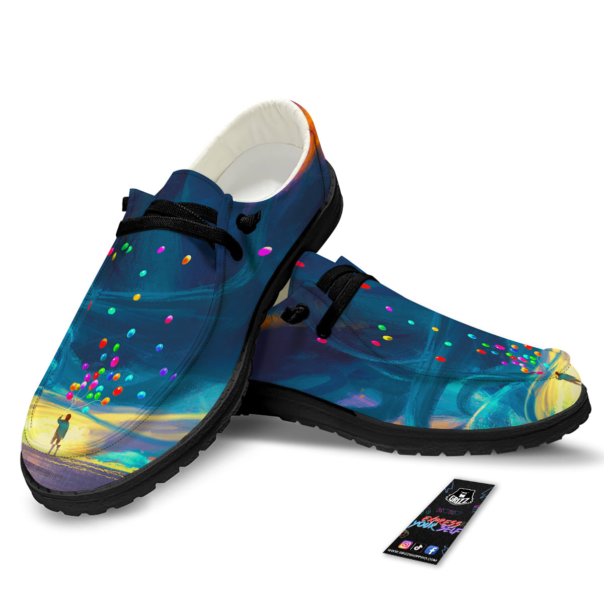 Watercolor Balloons And Storm Print Black Loafers-grizzshop