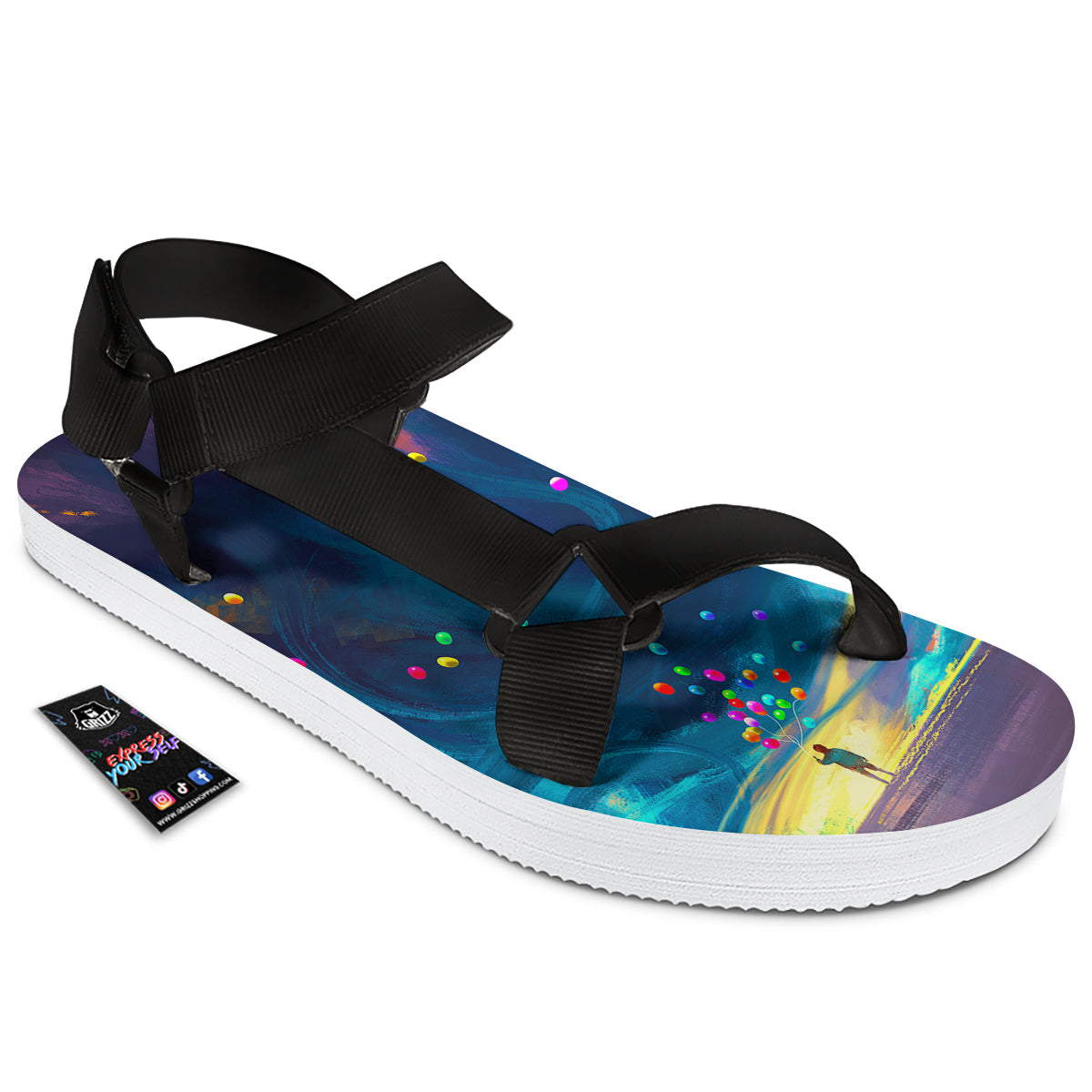 Watercolor Balloons And Storm Print Black Open Toe Sandals-grizzshop