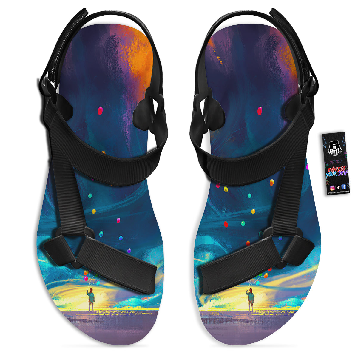 Watercolor Balloons And Storm Print Black Open Toe Sandals-grizzshop