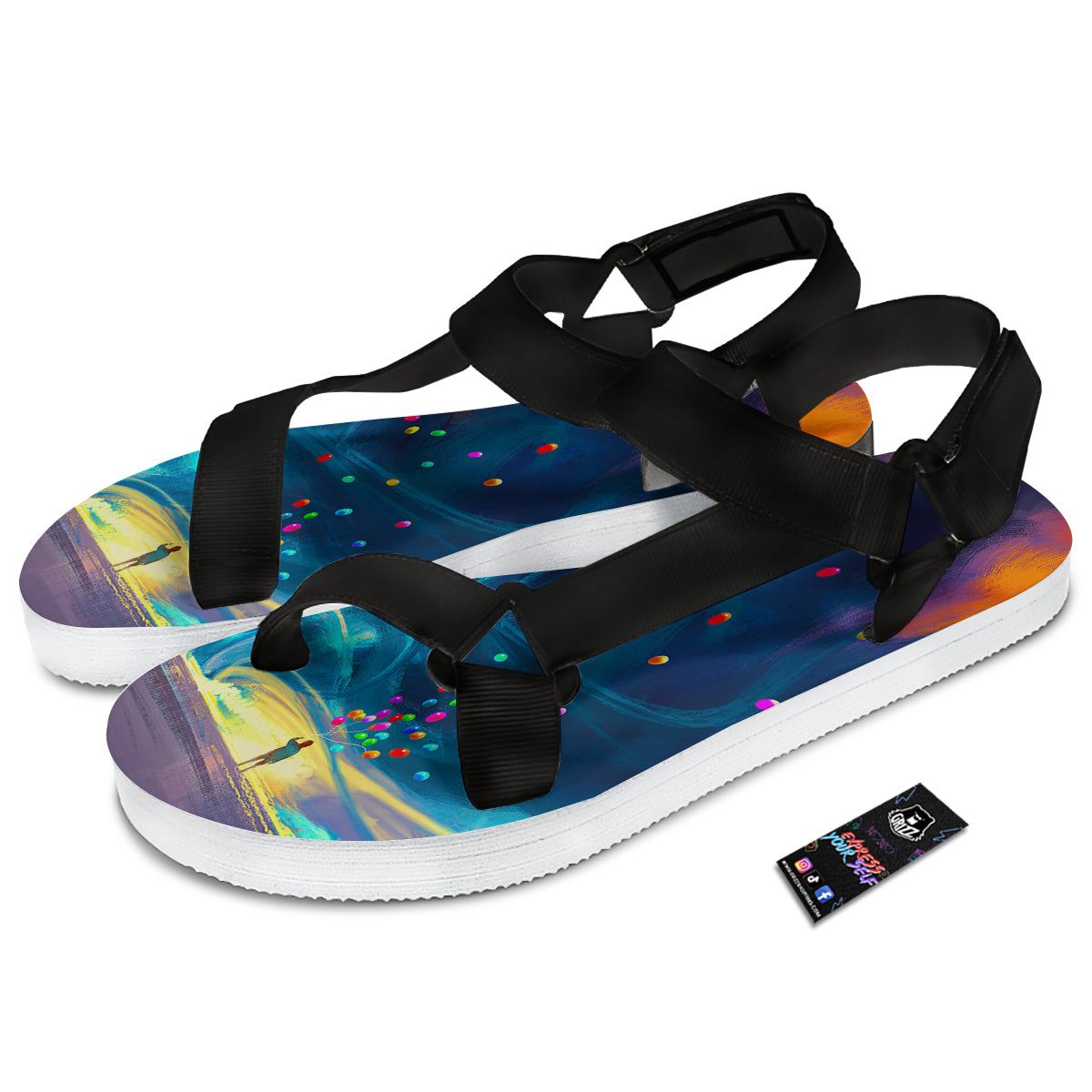 Watercolor Balloons And Storm Print Black Open Toe Sandals-grizzshop