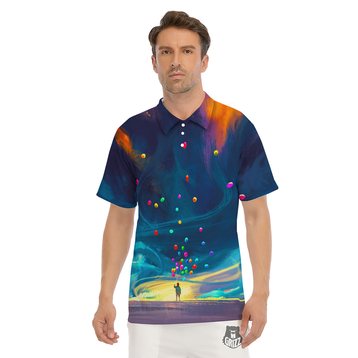 Watercolor Balloons And Storm Print Men's Golf Shirts-grizzshop
