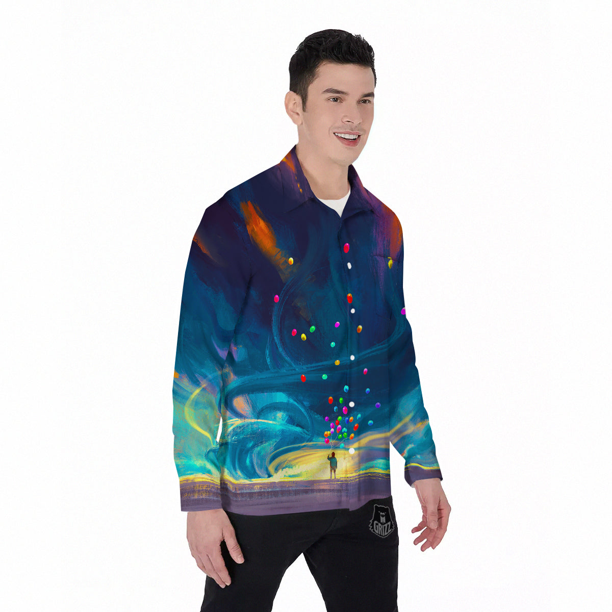 Watercolor Balloons And Storm Print Men's Long Sleeve Shirts-grizzshop