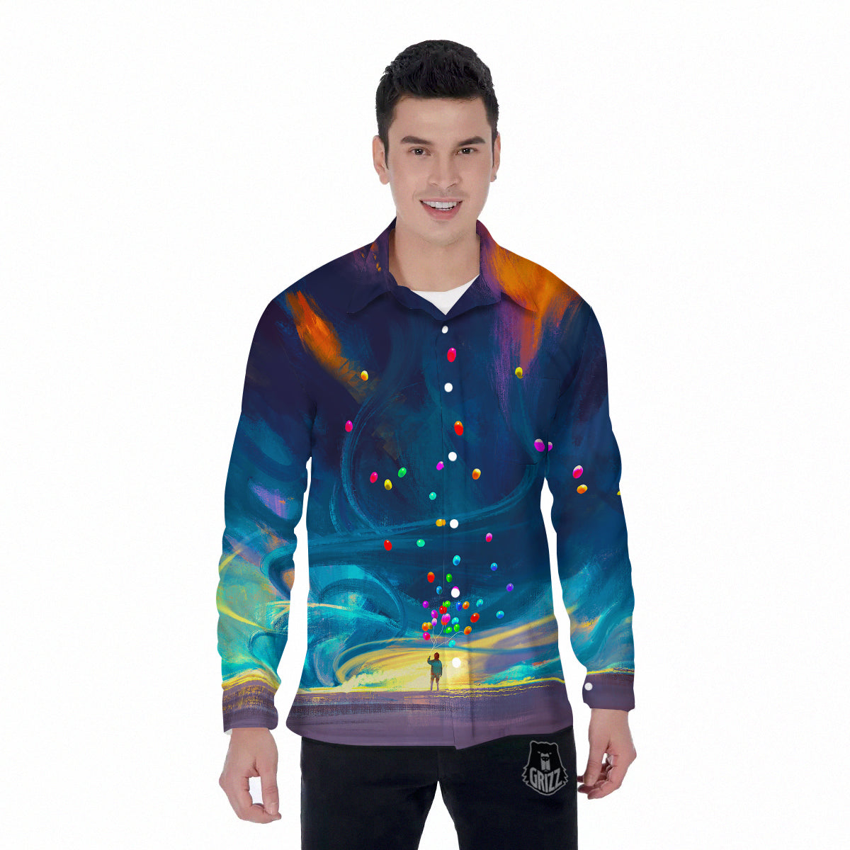 Watercolor Balloons And Storm Print Men's Long Sleeve Shirts-grizzshop