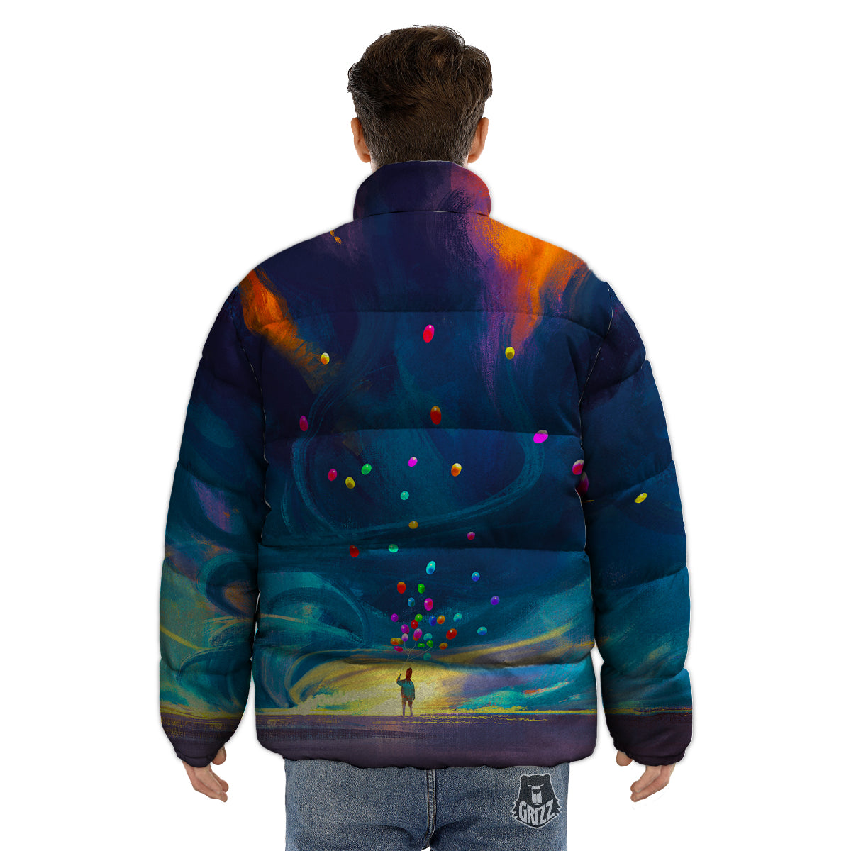 Watercolor Balloons And Storm Print Puffer Jacket-grizzshop