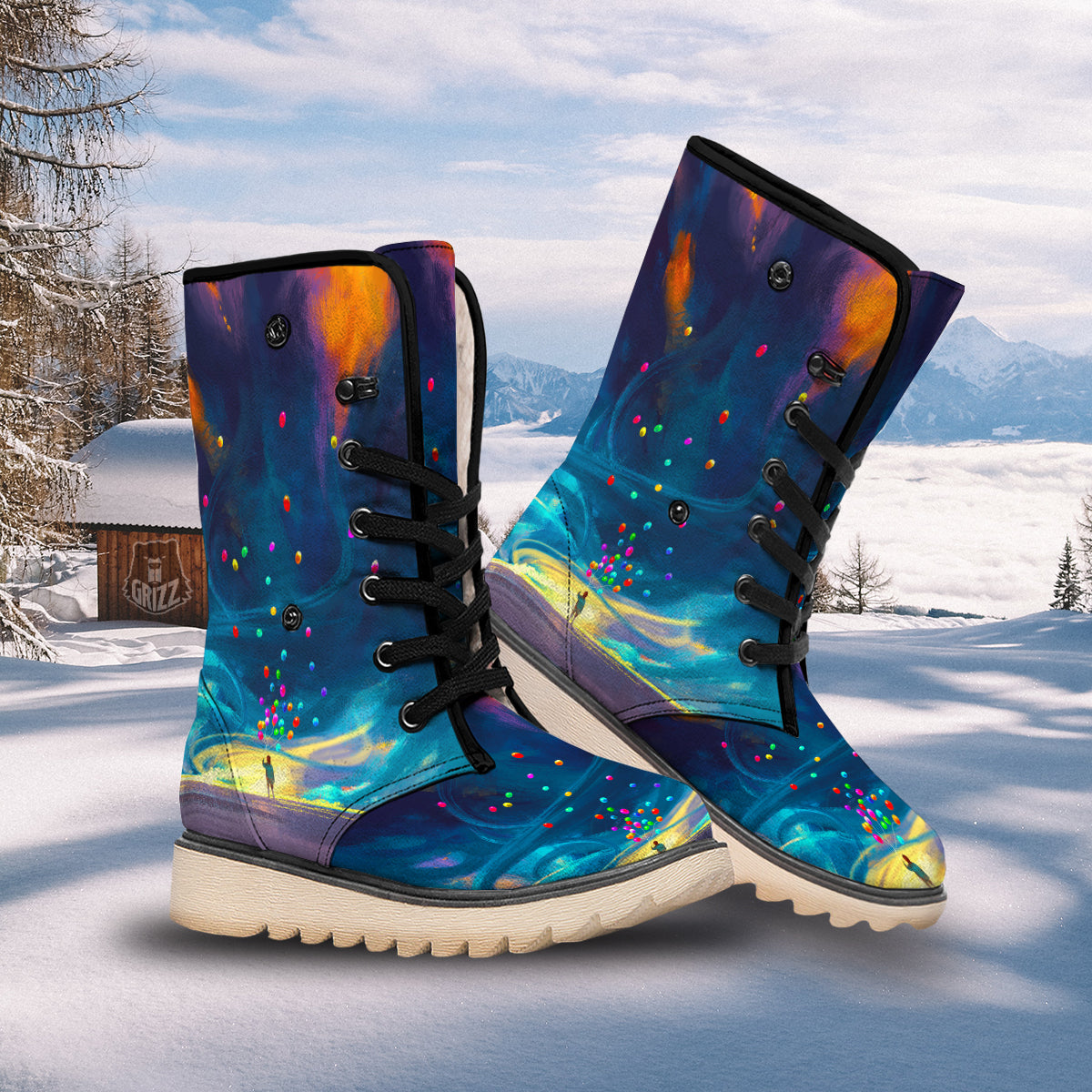 Watercolor Balloons And Storm Print Snow Boots-grizzshop