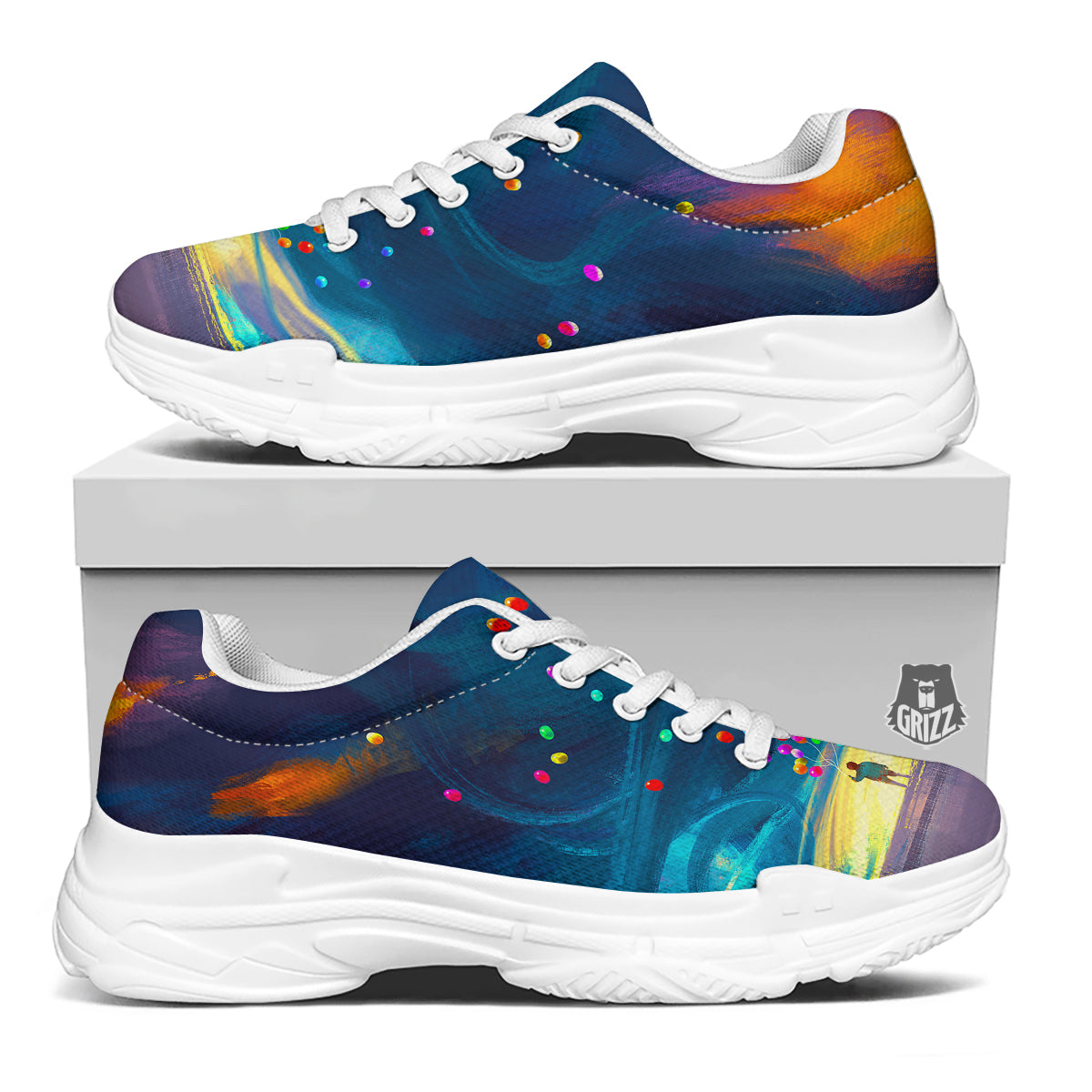 Watercolor Balloons And Storm Print White Chunky Shoes-grizzshop