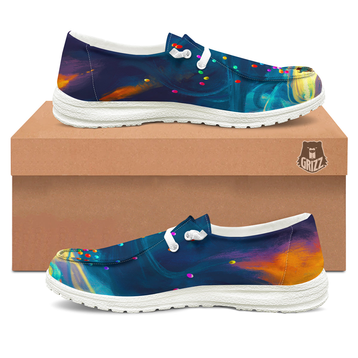 Watercolor Balloons And Storm Print White Loafers-grizzshop