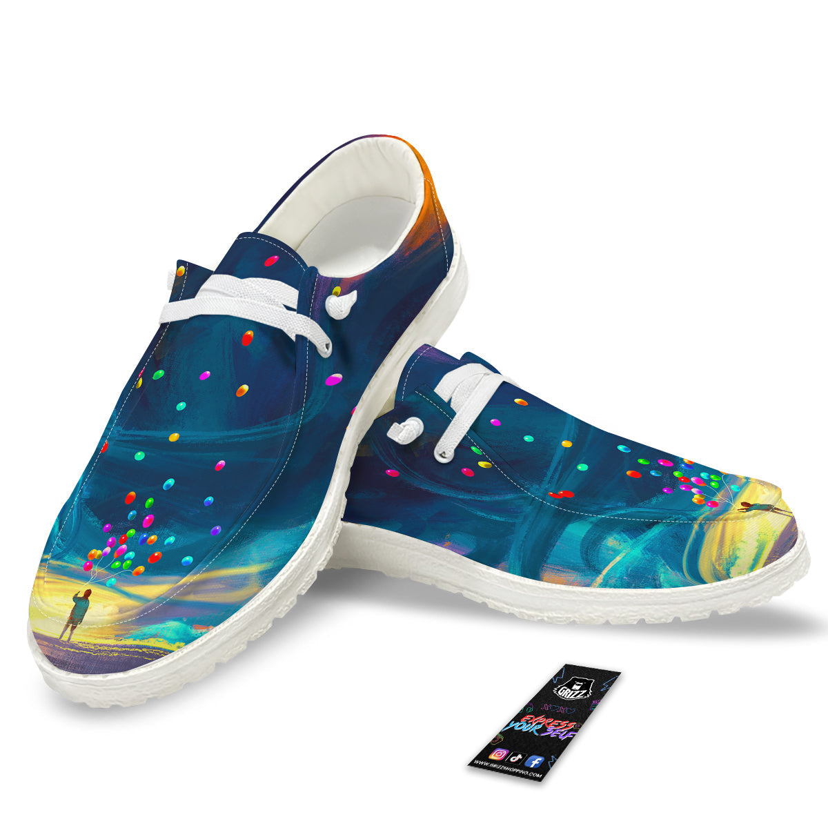 Watercolor Balloons And Storm Print White Loafers-grizzshop