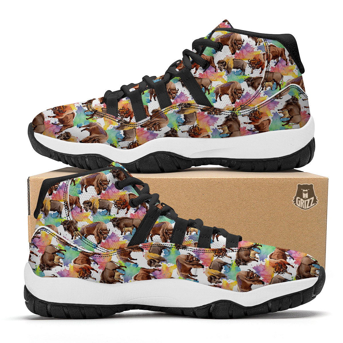 Watercolor Bison Print Pattern Black Bball Shoes-grizzshop