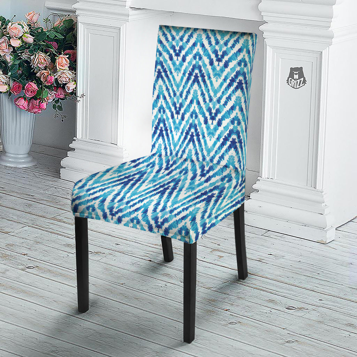 Watercolor Blue Zigzag Print Pattern Dining Chair Slipcover-grizzshop