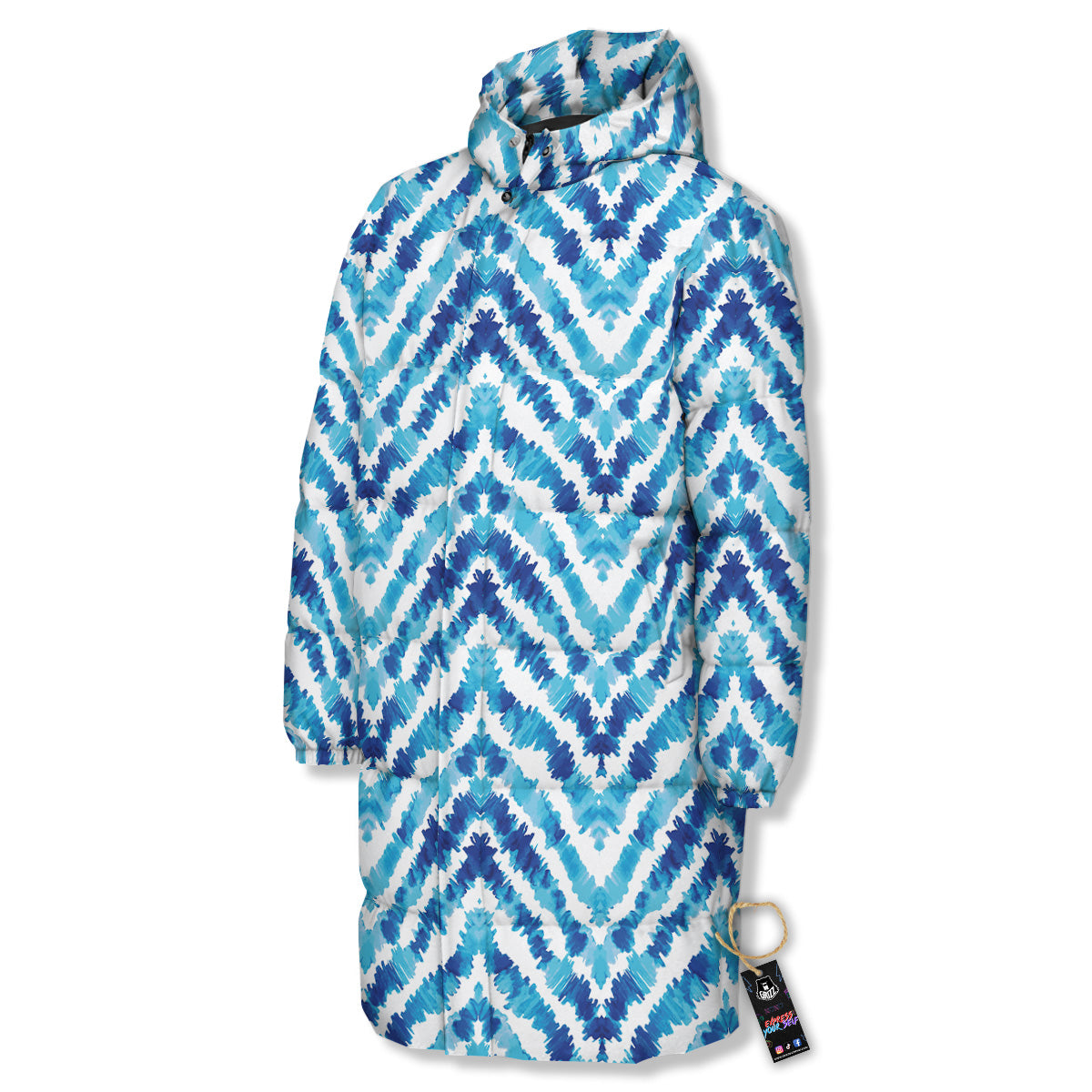 Watercolor Blue Zigzag Print Pattern Long Down Jacket-grizzshop
