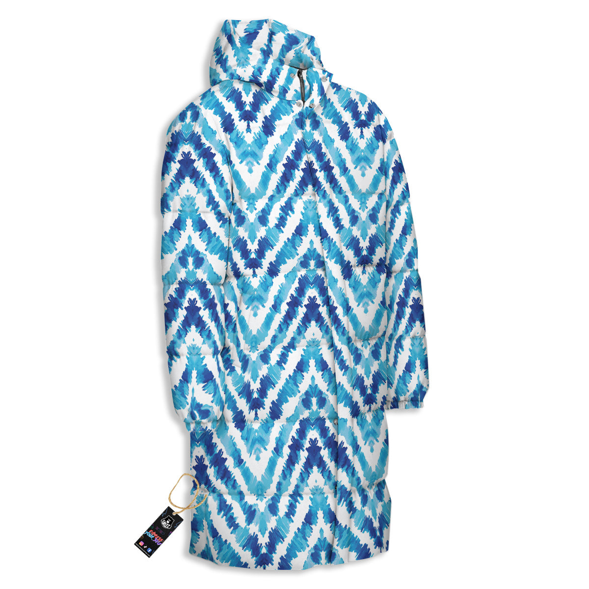 Watercolor Blue Zigzag Print Pattern Long Down Jacket-grizzshop