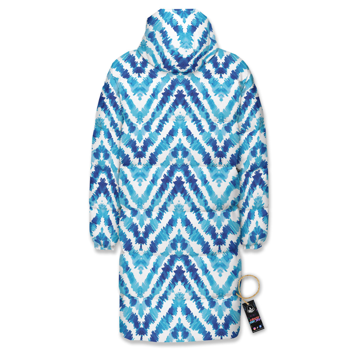 Watercolor Blue Zigzag Print Pattern Long Down Jacket-grizzshop