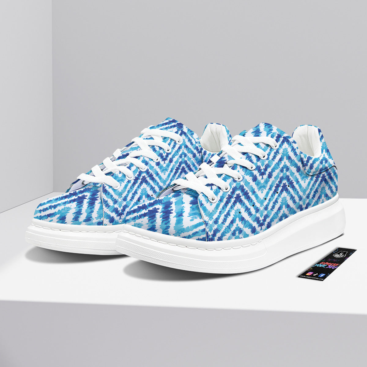 Watercolor Blue Zigzag Print Pattern Platform Shoes-grizzshop