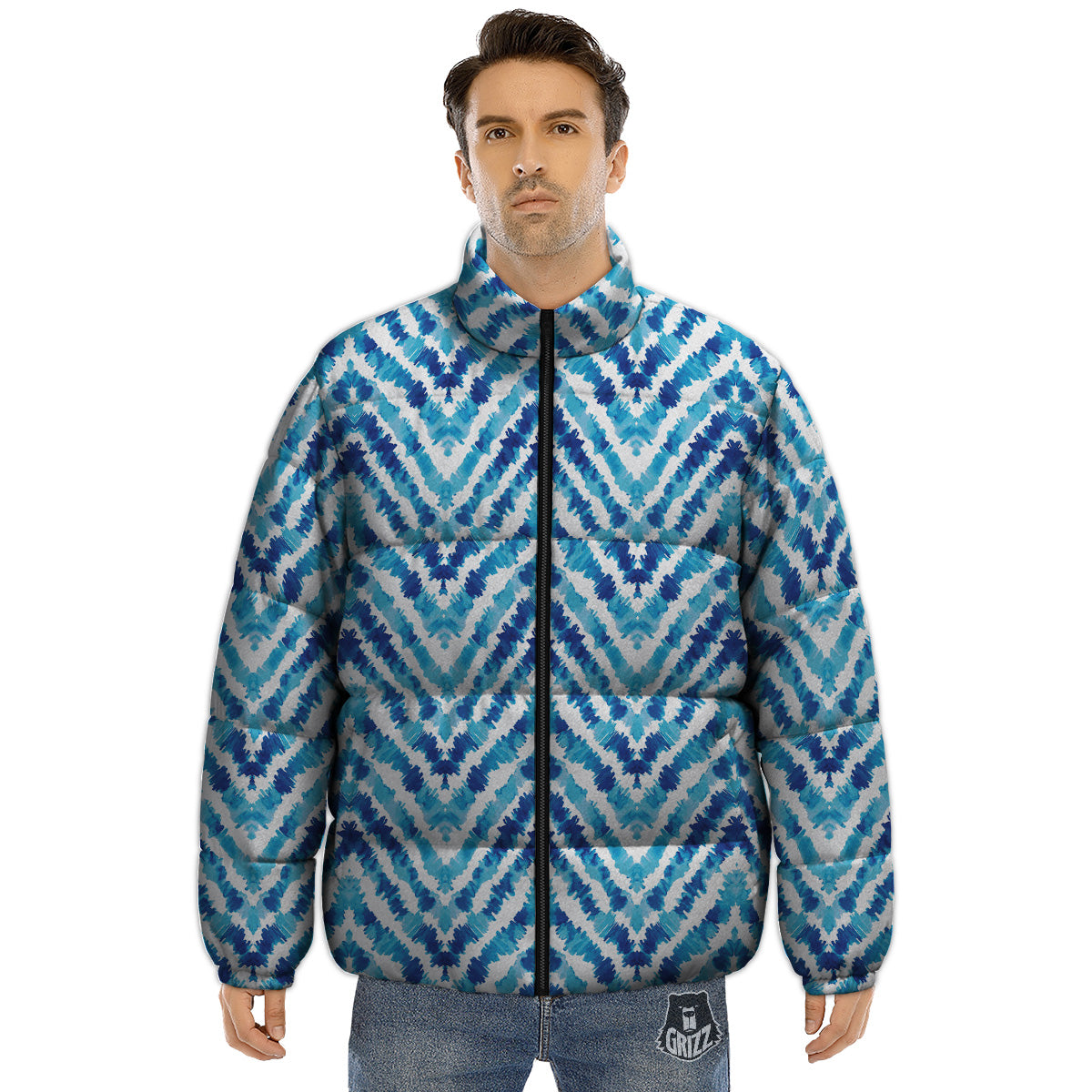 Watercolor Blue Zigzag Print Pattern Puffer Jacket-grizzshop
