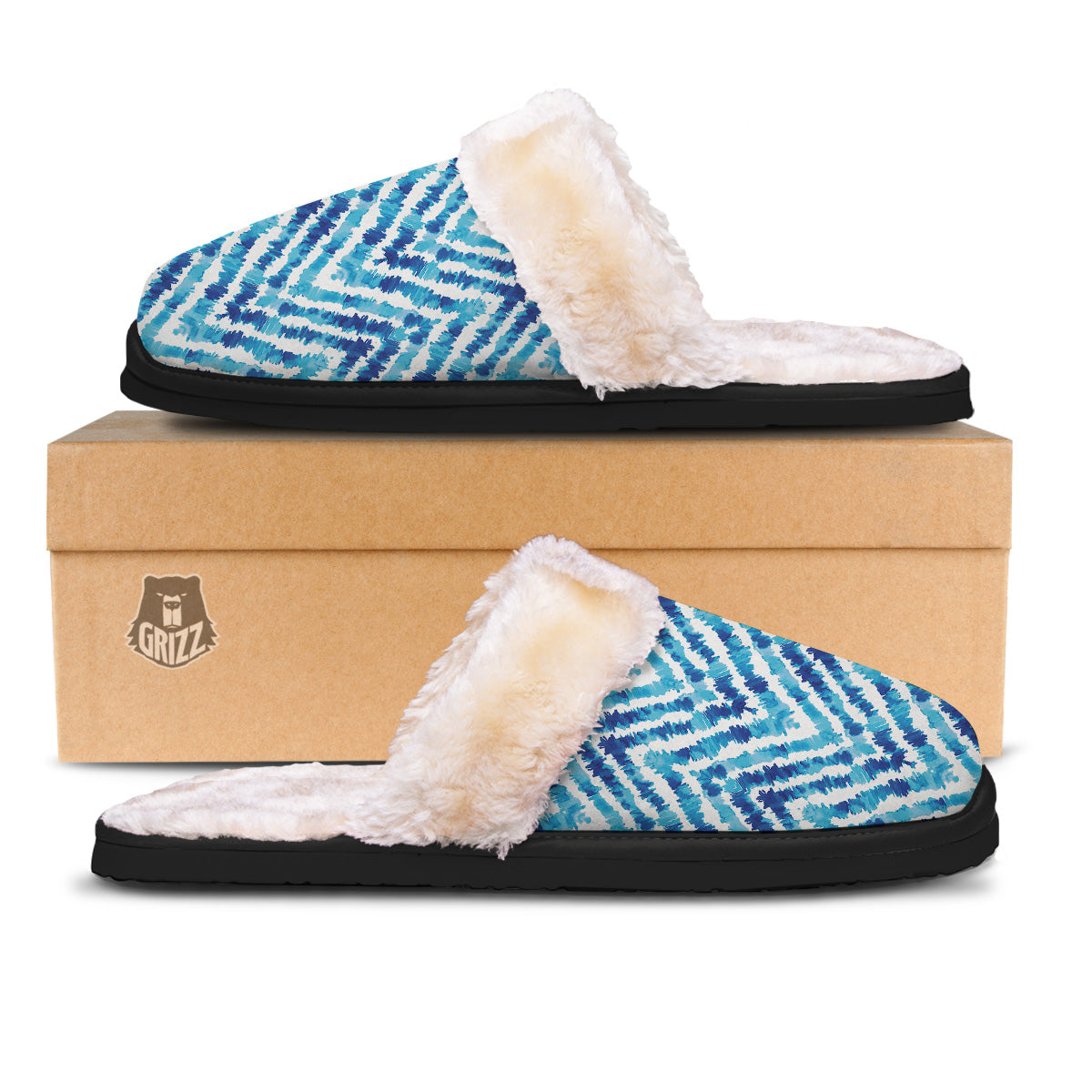 Watercolor Blue Zigzag Print Pattern Slippers-grizzshop