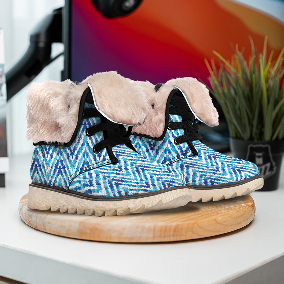 Watercolor Blue Zigzag Print Pattern Snow Boots-grizzshop