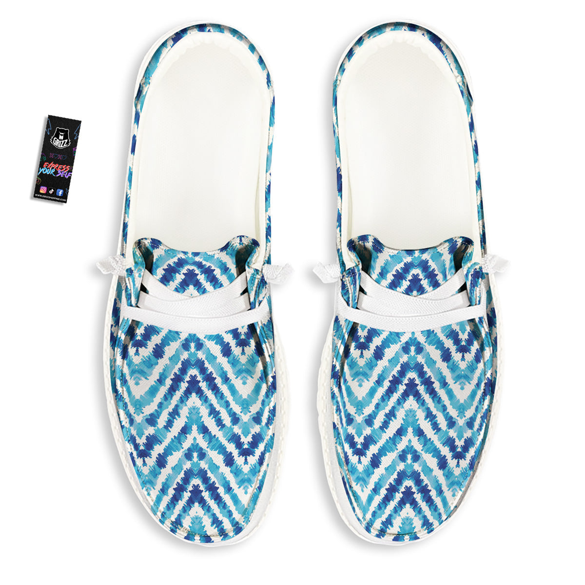 Watercolor Blue Zigzag Print Pattern White Loafers-grizzshop
