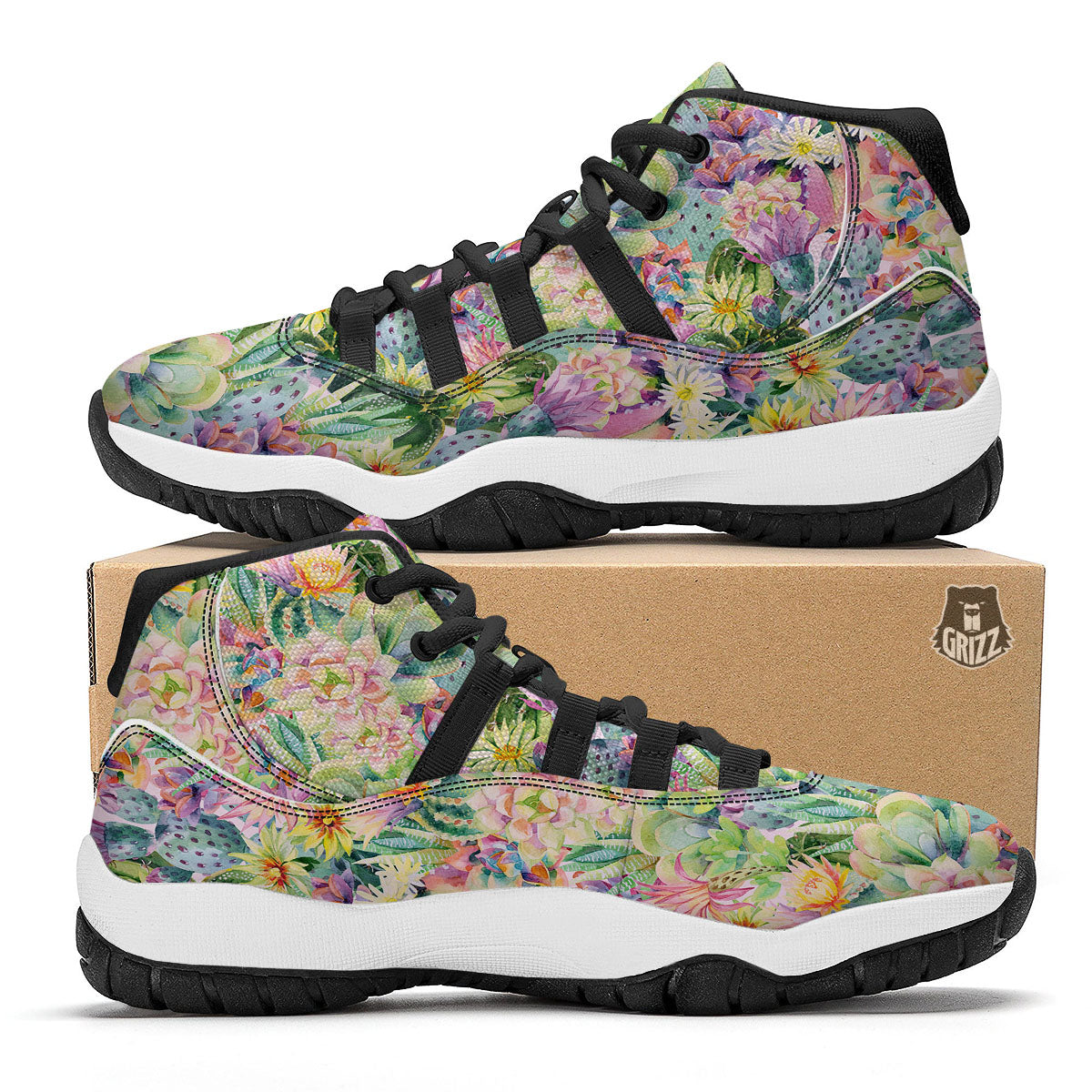 Watercolor Cactus Black Bball Shoes-grizzshop